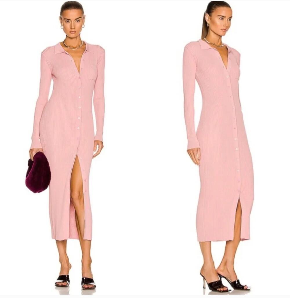 STAUD Napa Ribbed Polo Midi Dress Pink Button Front Bodycon Size L